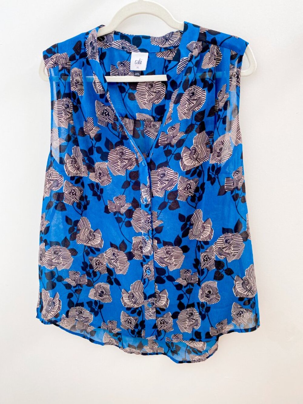 Cabi Blue Floral Sleeveless Button Front Sheer Blouse XLarge